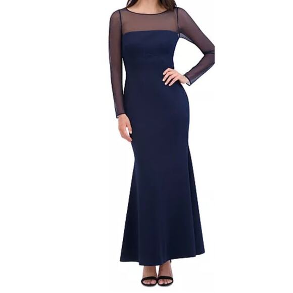 Eliza J Dress Rosette Mesh trim long sleeve gown navy size 8 - Picture 1 of 8